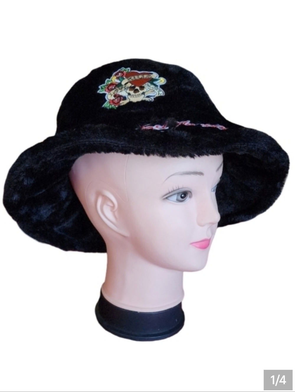 Ed Hardy "Love Kills Slowly" Faux Fur Bucket Hat Skull Roses Tattoo Black OS NWT
